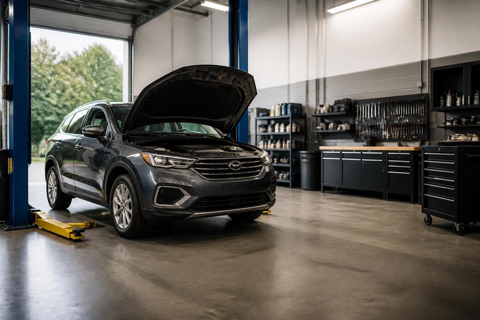 Clean auto repair bay with a polished vehicle in natural light.
