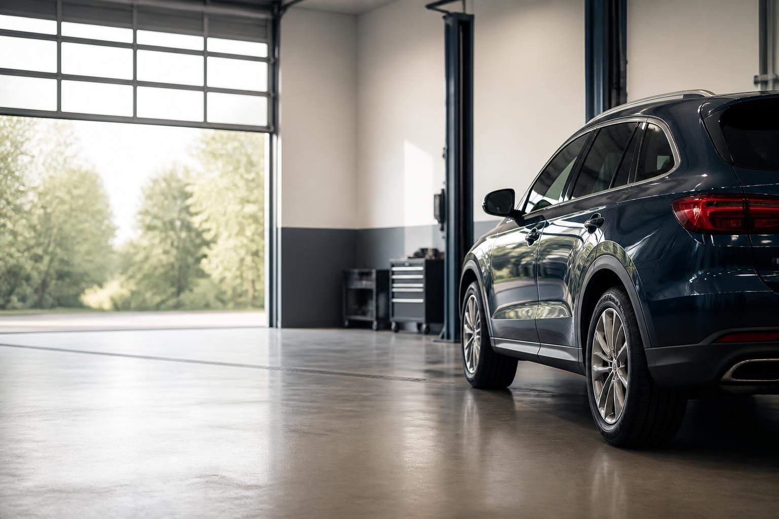 Clean auto service bay with open space and a polished vehicle.