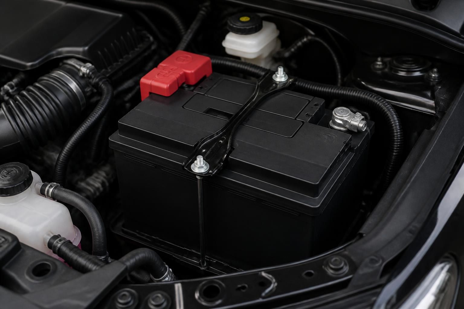 Clean battery replacement in a modern vehicle engine bay.