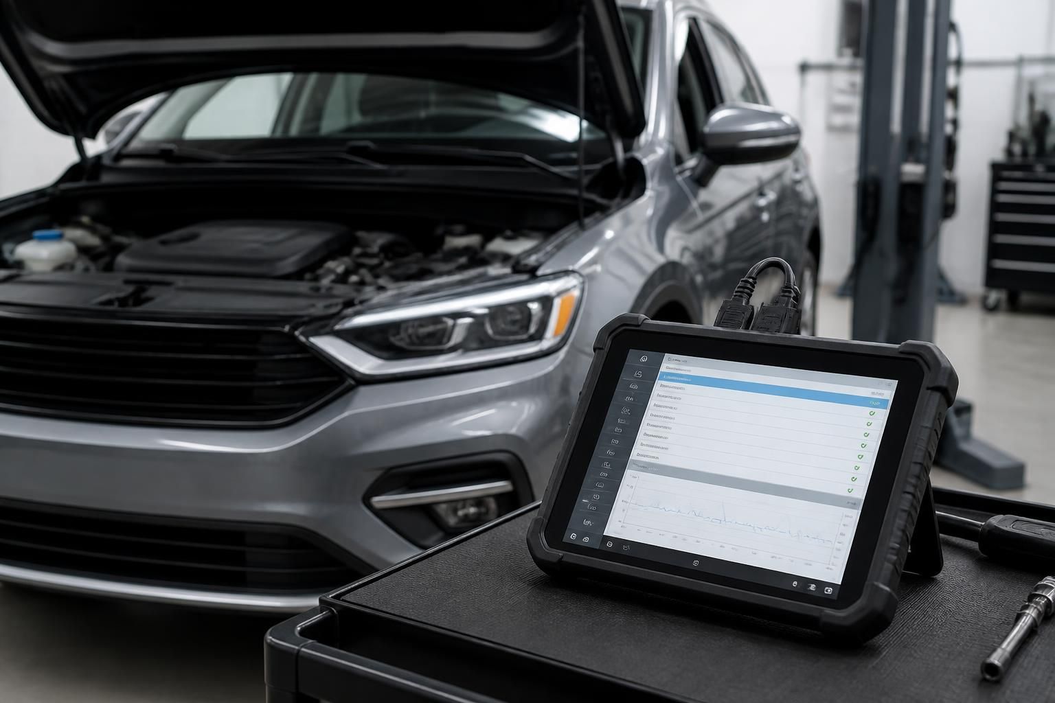 Vehicle in a clean service bay during a diagnostic scan.