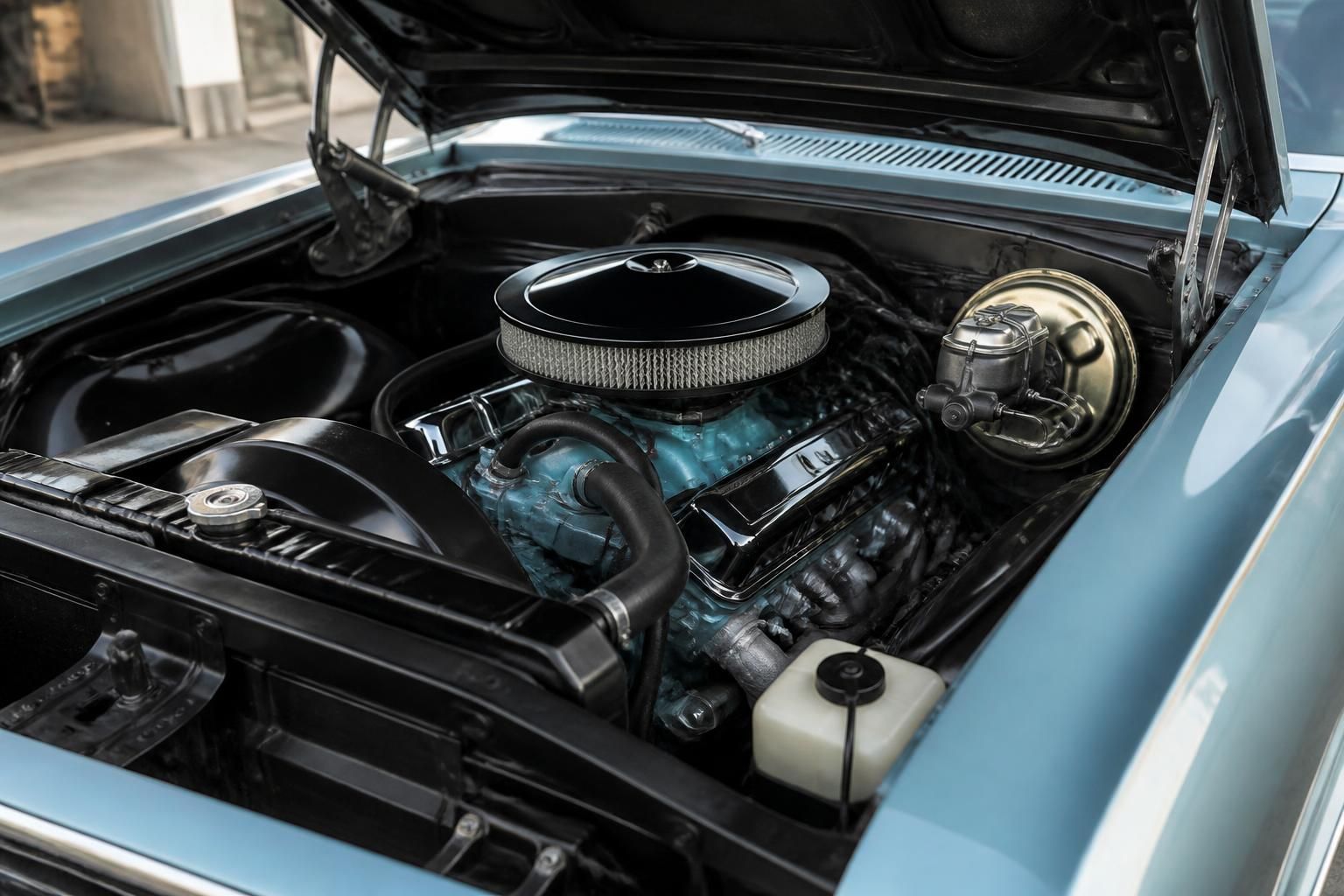 Open hood with a clean engine repair scene.