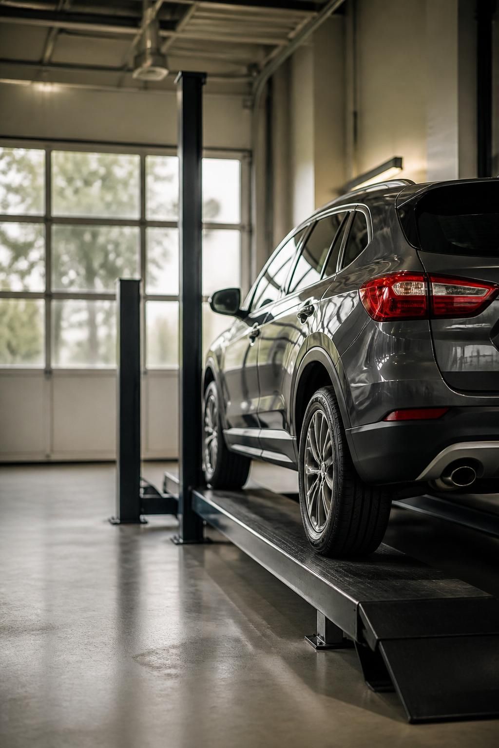 Modern mechanic workshop with a vehicle on a clean service bay.