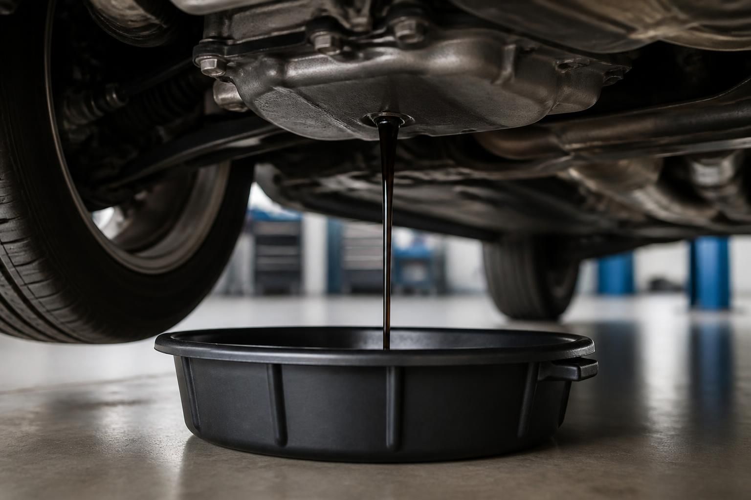 Clean oil change service area beneath a finished vehicle.