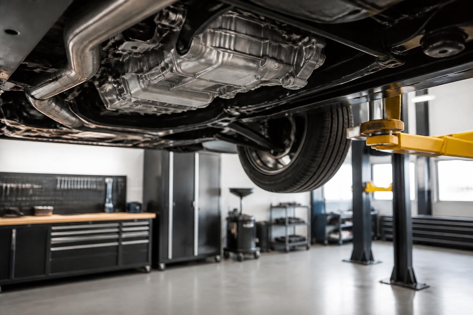 Clean transmission service environment with a vehicle on a lift.