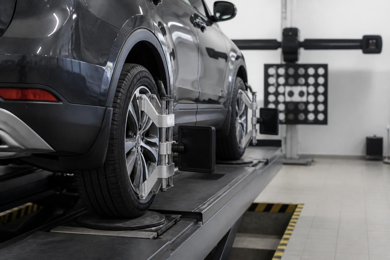 Vehicle positioned in a clean wheel alignment bay.